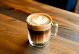 Perfect cortado in glass cup showing beautiful layered coffee with latte art on wooden table