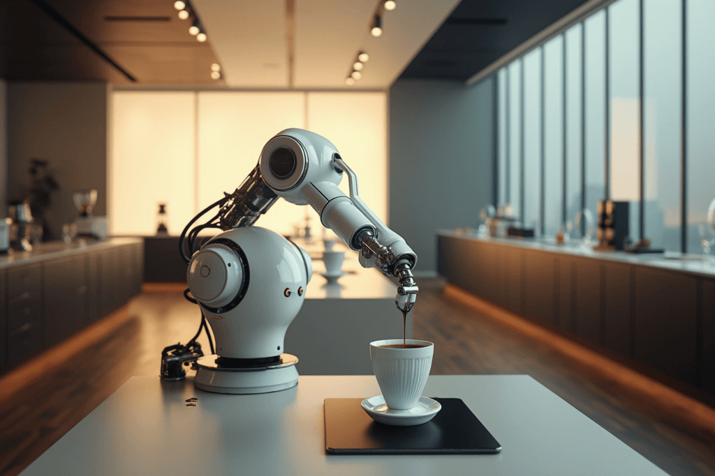 Cánh tay robot pha chế được hỗ trợ bởi AI rót cà phê chính xác trong bối cảnh quán cà phê tối giản hiện đại