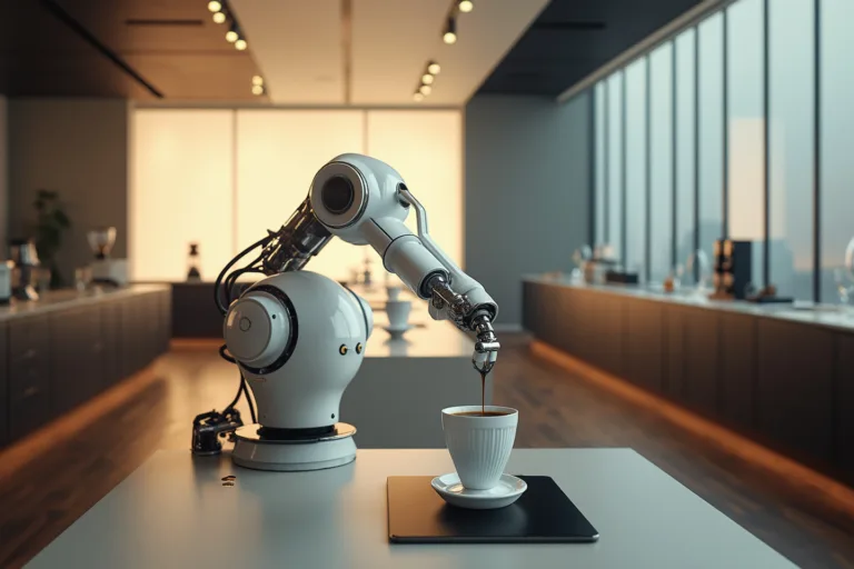 AI-powered robotic barista arm precisely pouring coffee in modern minimalist café setting