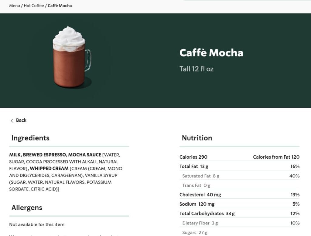 Tall 12oz Starbucks Caffè Mocha with whipped cream showing ingredients and nutritional information including mocha calories