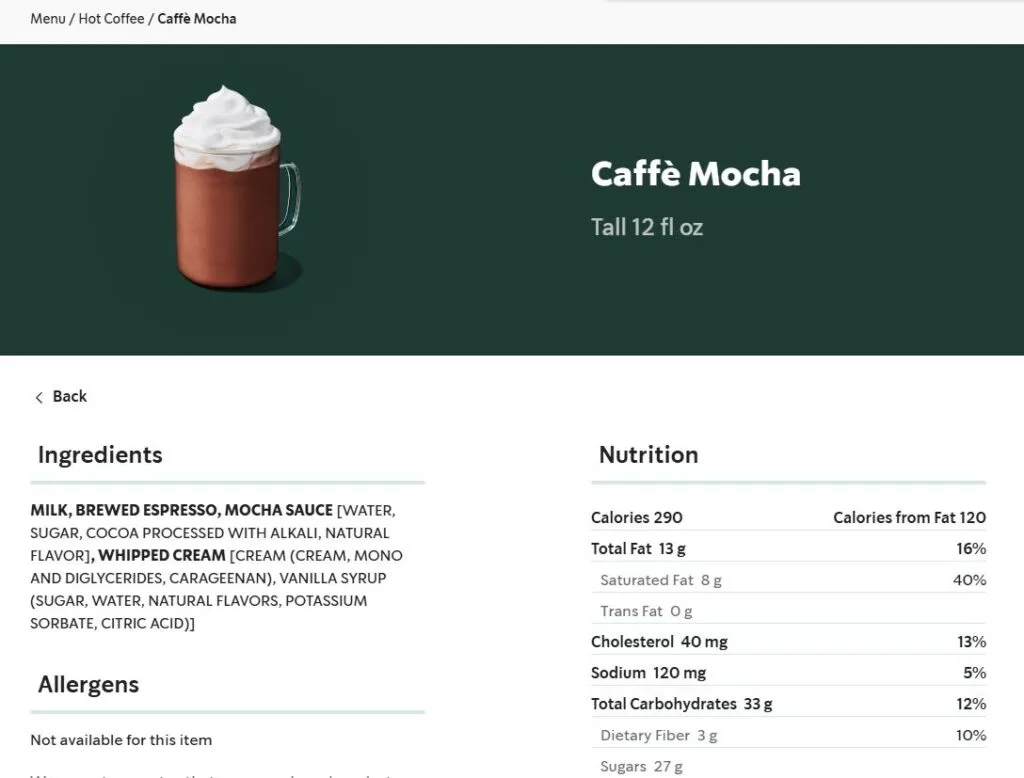 Tall 12oz Starbucks Caffè Mocha with whipped cream showing ingredients and nutritional information including mocha calories