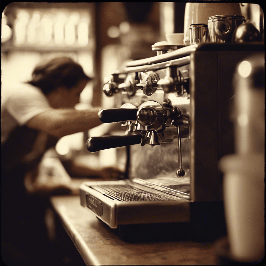 The Origin of the Flat White: A Love Letter to Coffee's Silkiest Story 6 Vintage professional espresso machine in sepia tones with barista working in background, capturing the historical origins of flat white coffee making in Australia and New Zealand