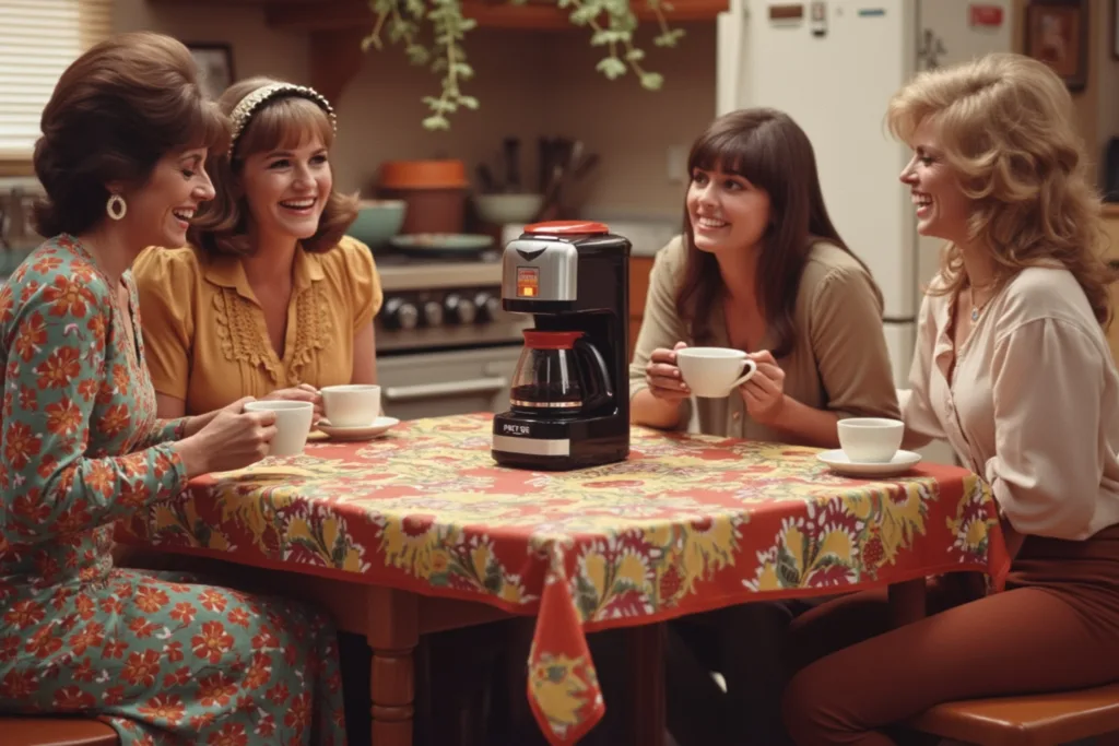 Four women in 1970s attire gathered around a kitchen table with a vintage Mr. Coffee machine, holding cups and engaged in animated conversation during a home coffee circle