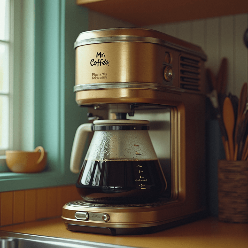 Vintage 1970s Mr. Coffee drip brewer in a retro kitchen with avocado-green accents