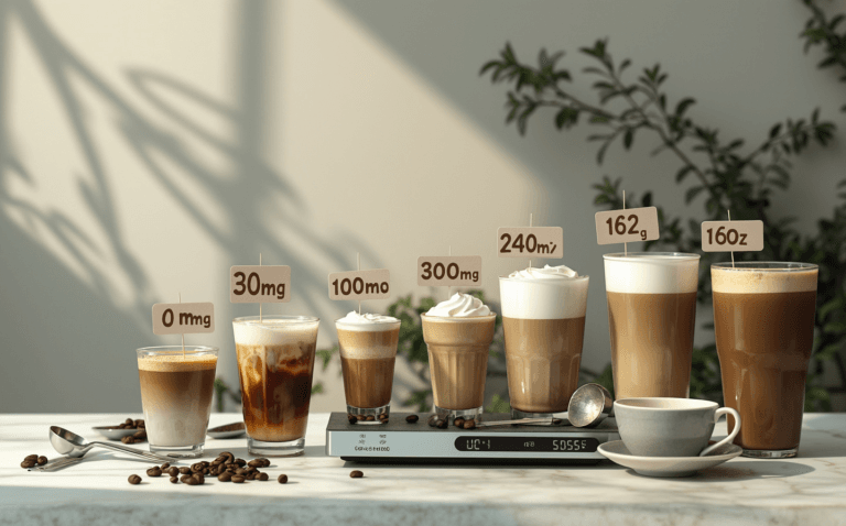 Different coffee drinks lined up showing caffeine content from 0mg to 300mg with size indicators and measurement scale