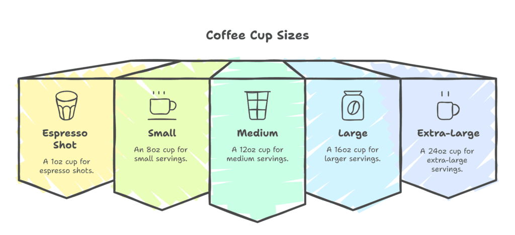 How Much Caffeine Is in Your Coffee? 63mg or 114mg or 400mg 9 Coffee cup size chart showing 5 sizes from espresso shot (1oz) to extra-large (24oz) with illustrated cups and descriptions