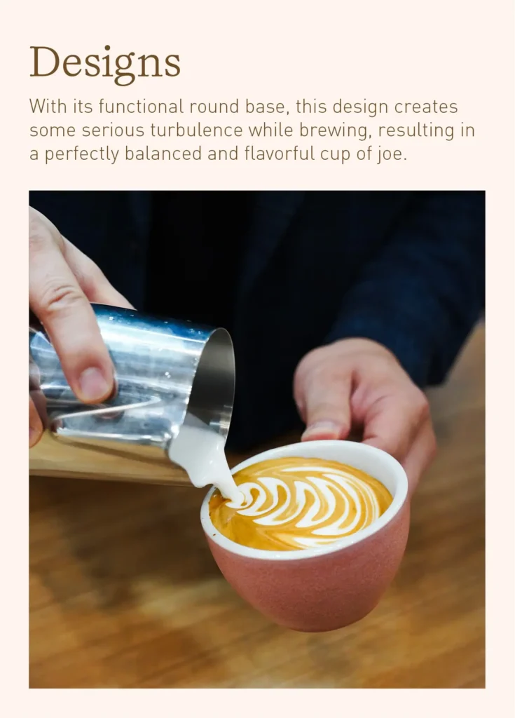 Barista pouring latte art into a pink Loveramics Egg 150ml cup, highlighting the functional round base design for flat white cups.