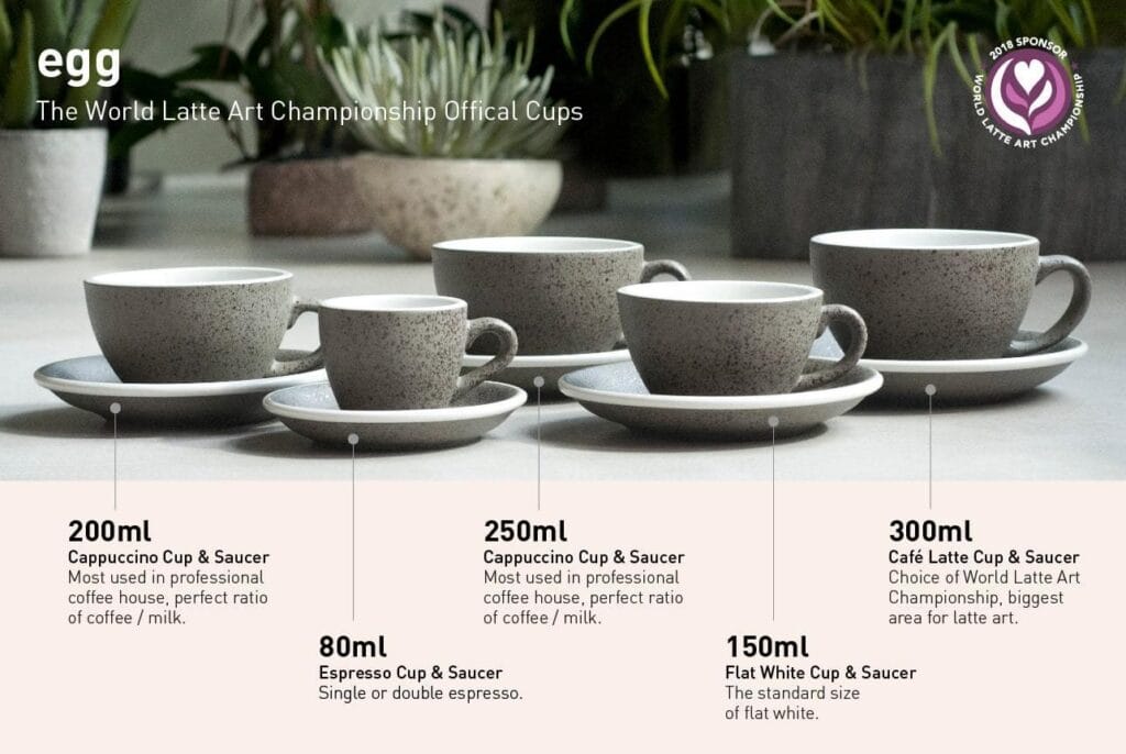 The Ultimate Guide to Flat White Cups, Flat White Mugs & Finding the Best Flat White Cups 6 Loveramics Egg Series coffee cups in five sizes: 80ml espresso, 150ml flat white, 200ml and 250ml cappuccino, and 300ml latte cups with saucers