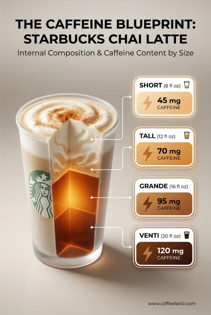 Infographic showing a cutaway view of a Starbucks Chai Latte with caffeine levels: Short (45mg), Tall (70mg), Grande (95mg), and Venti (120mg).