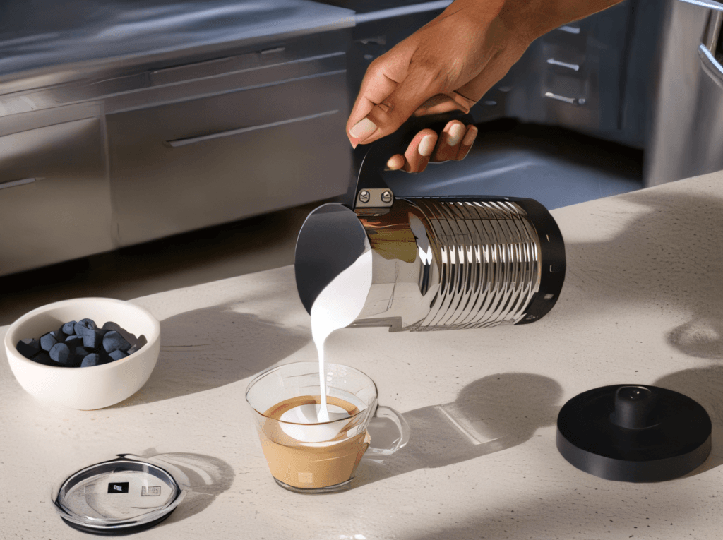 Aeroccino milk frother on a kitchen countertop, designed for creating creamy froth for coffee beverages.