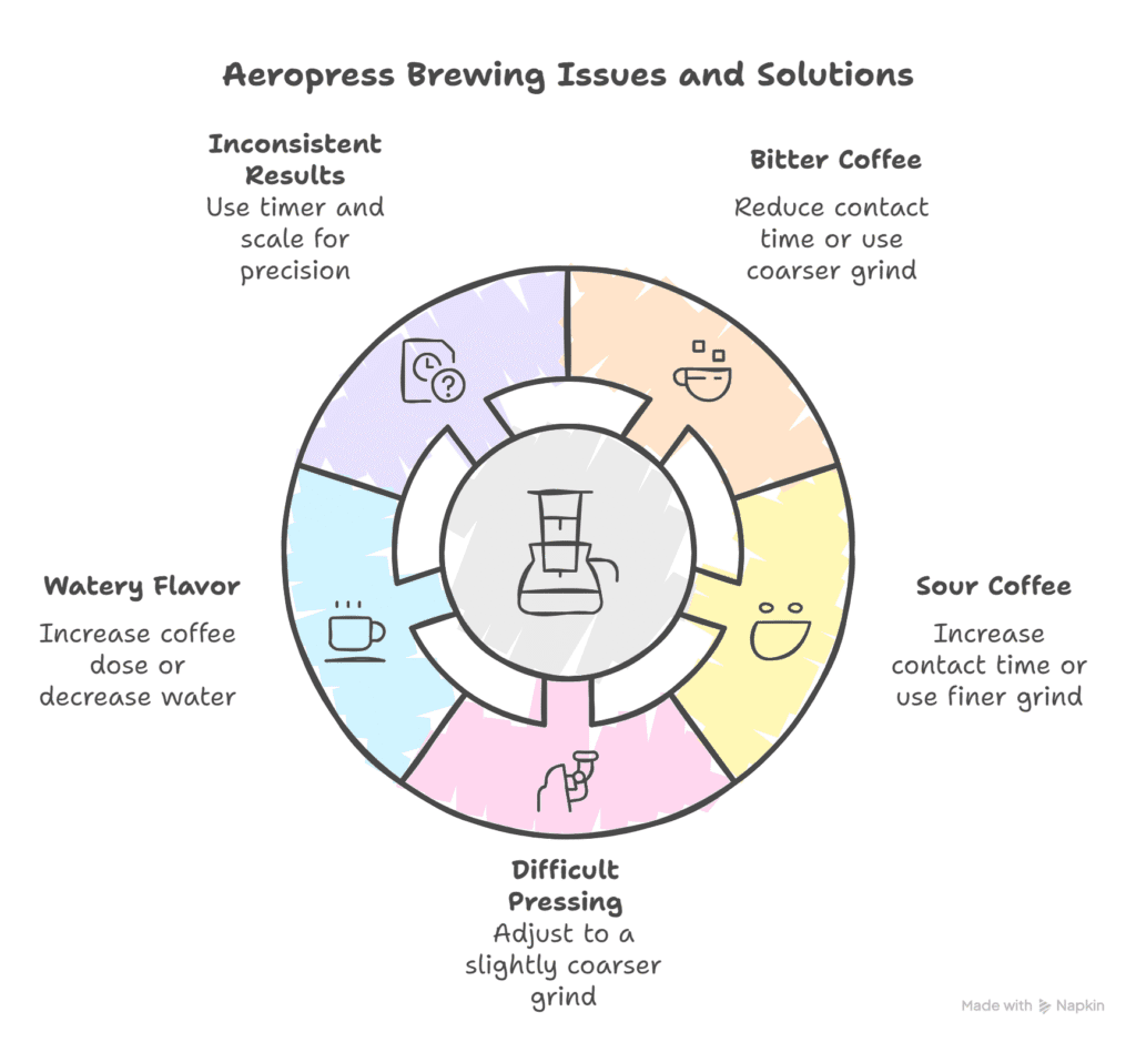 Aeropress Brew Time: Guide to Perfect Coffee Brew 4 Circular diagram showing how Aeropress brew time adjustments solve common coffee problems including bitter coffee, sour taste, and inconsistent results