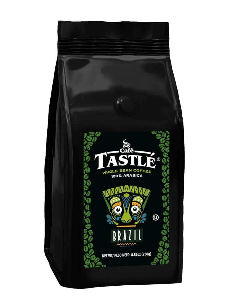 Beans for Espresso: Choosing Quality for Best Results 19 Café Tastle Brazilian whole bean coffee for espresso in a black package with green coffee bean graphics, 100% Arabica, 250g