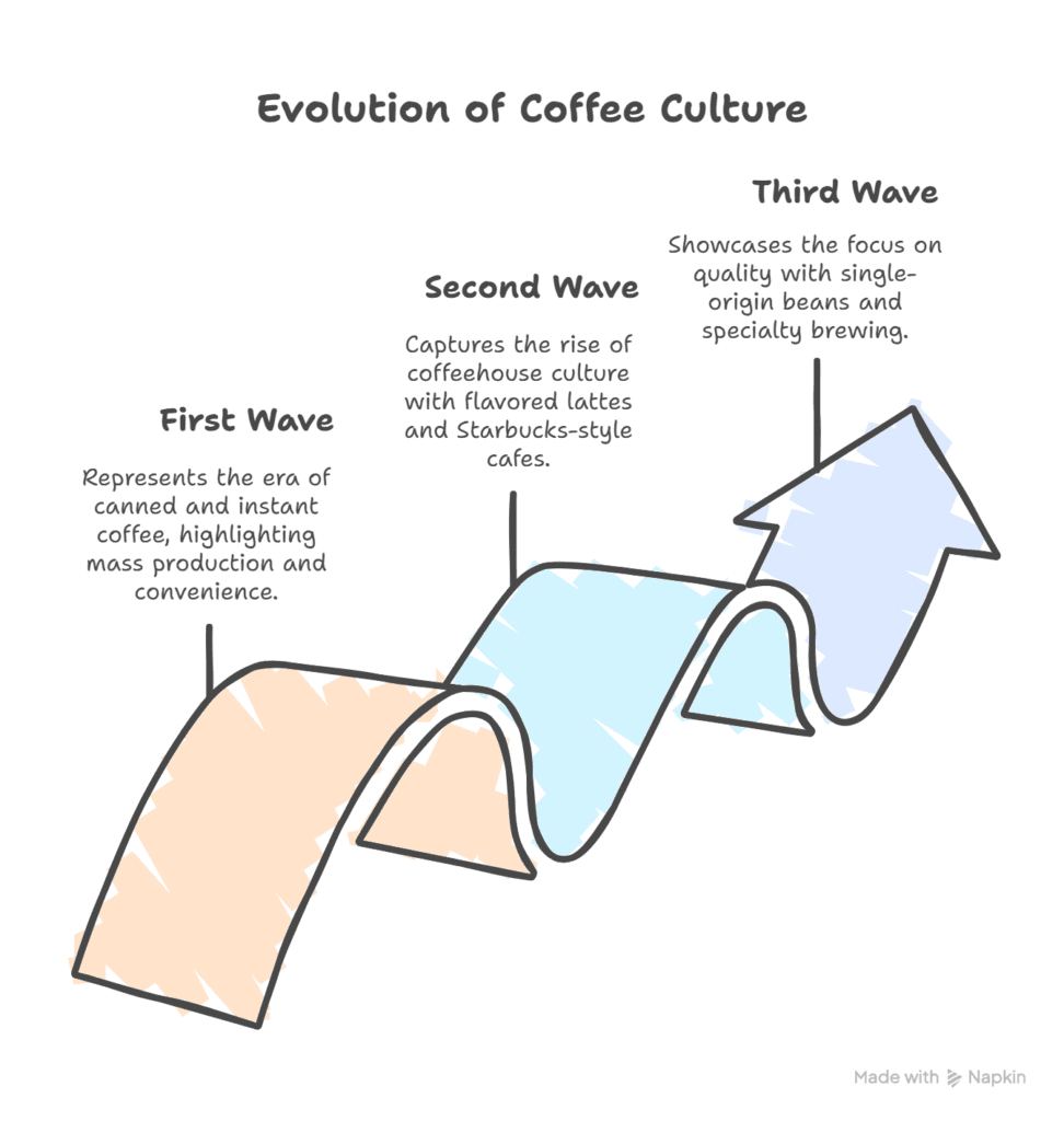 Infographic showing the three waves of coffee culture evolution from mass-produced instant coffee to specialty third wave coffee with single-origin beans and artisanal brewing methods