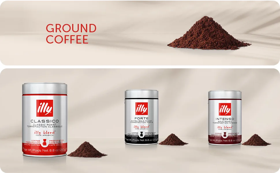 Beans for Espresso: Choosing Quality for Best Results 17 Illy ground coffee beans for espresso showcasing three varieties - Classico, Forte, and Intenso - in signature silver tins with freshly ground coffee mounds