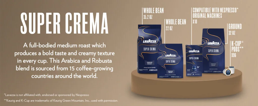 Beans for Espresso: Choosing Quality for Best Results 16 Lavazza Super Crema beans for espresso displayed in various packaging formats including whole bean, ground coffee, and compatible pods