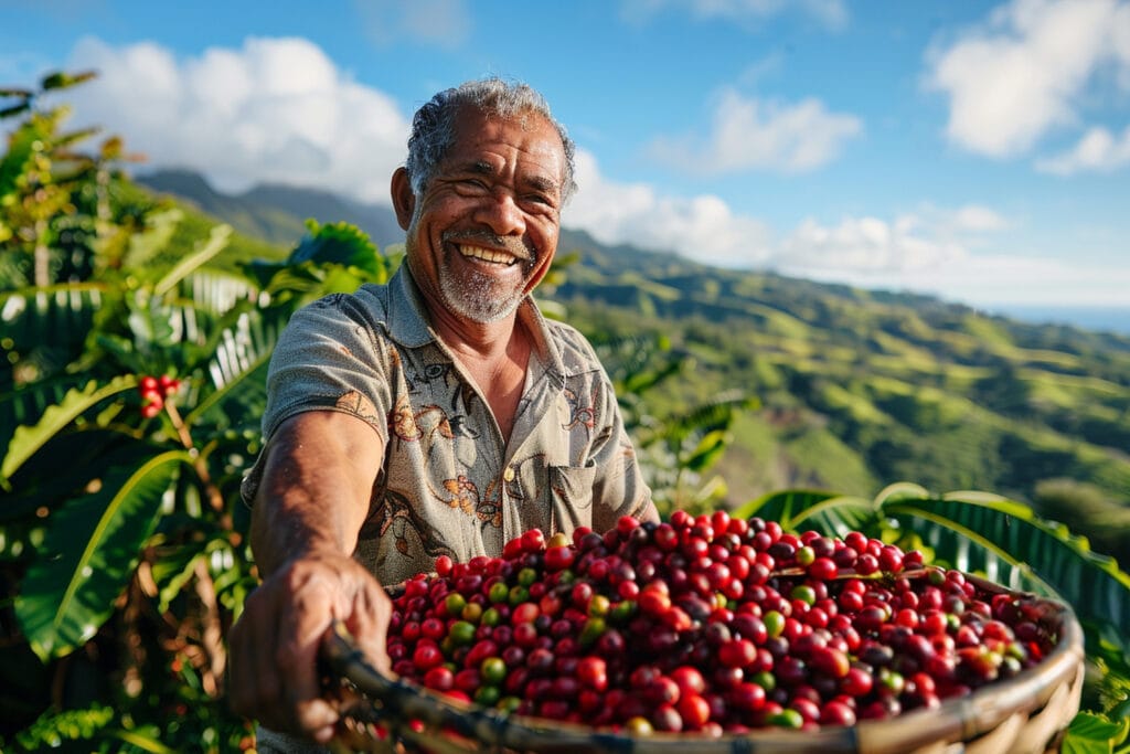 Smiling coffee farmer holding basket of freshly picked red coffee cherries on mountainside plantation, highlighting the single origins emphasized by third wave coffee culture