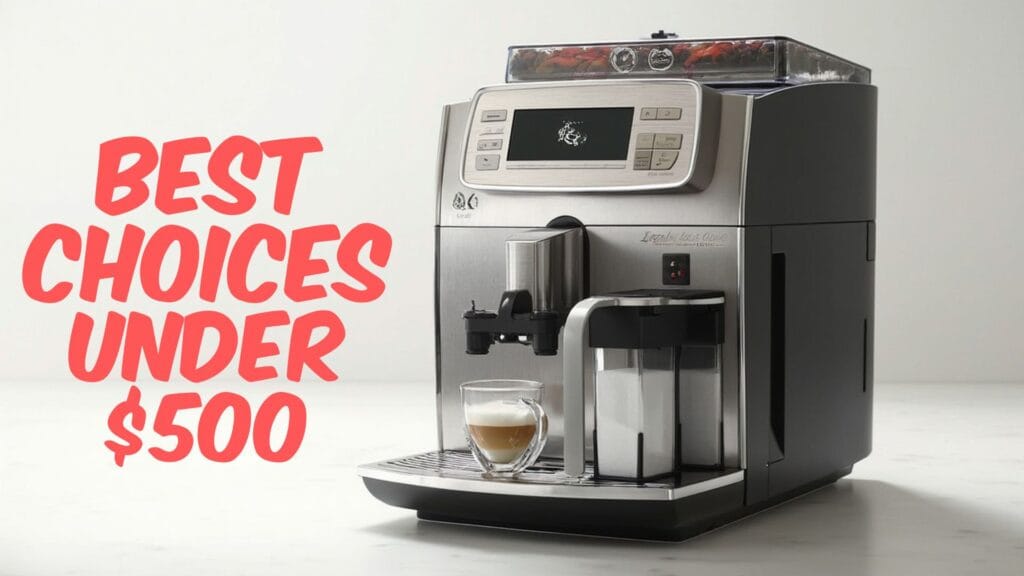 Best budget automatic espresso machine under $500 with LCD display and milk frother system, brewing cappuccino in modern kitchen setting