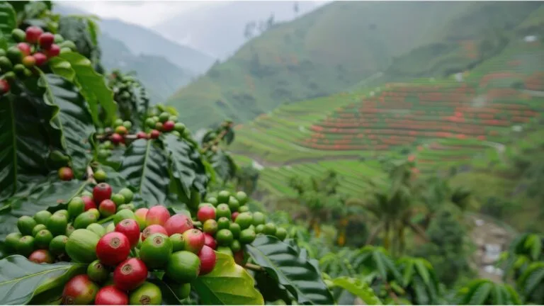 Coffee farming plantation with red ripe cherries and green leaves in mountainous terraced valley.