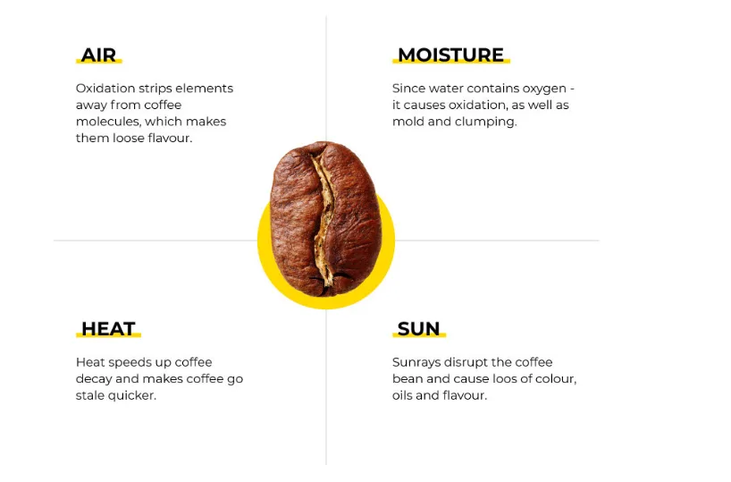 Infographic showing four enemies of coffee freshness: air causes oxidation, moisture promotes mold, heat speeds decay, and sunlight disrupts flavor compounds