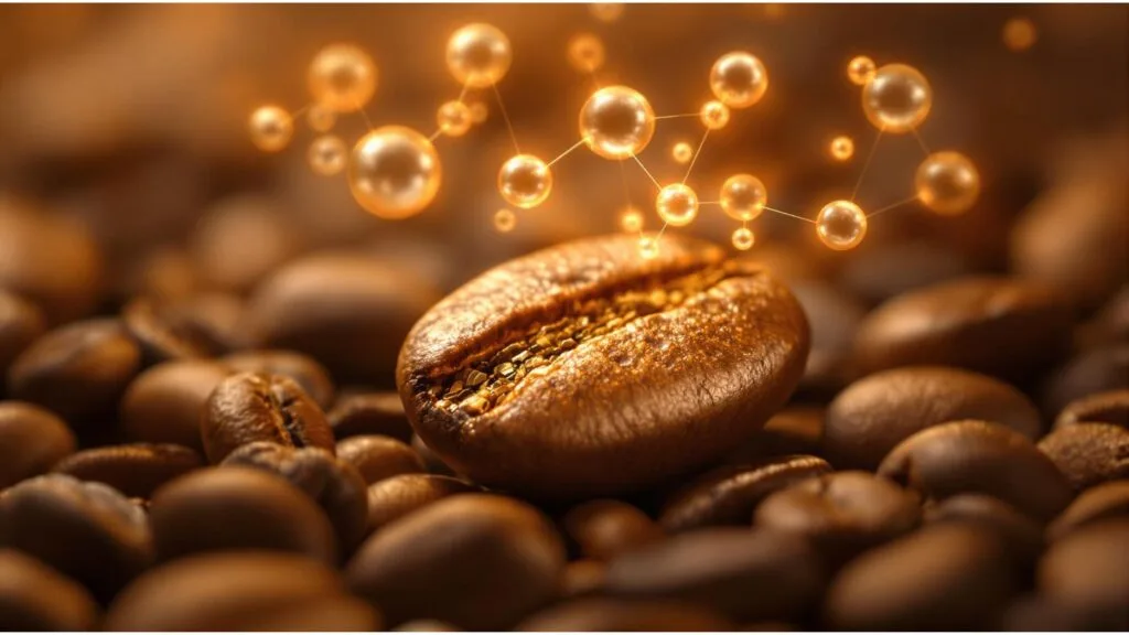 Coffee bean with molecular compounds visualization showing oxidation process that Airscape coffee canister prevents