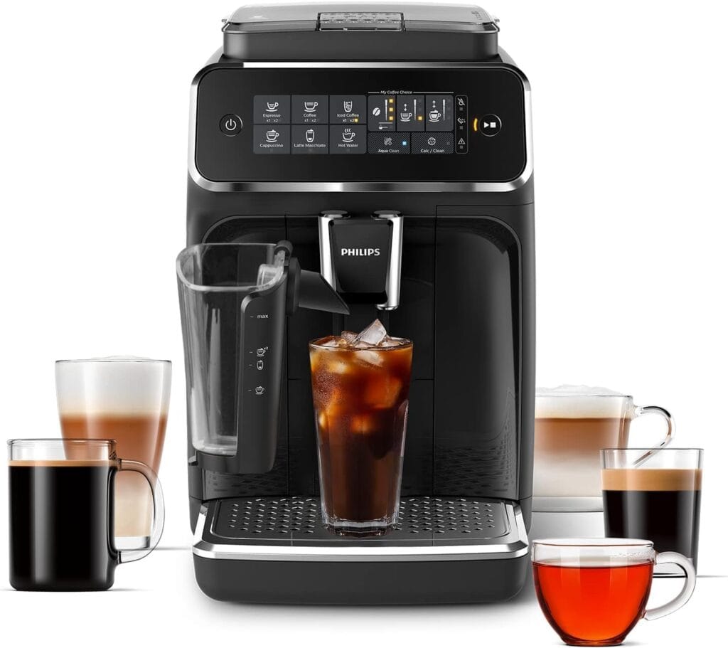 Best Budget Automatic Espresso Makers: Smart Choices for Home Baristas 9 Philips 3200 Series EP3241/54 affordable super automatic espresso machine with LatteGo system displaying multiple drink options including iced coffee, cappuccino, and latte macchiato