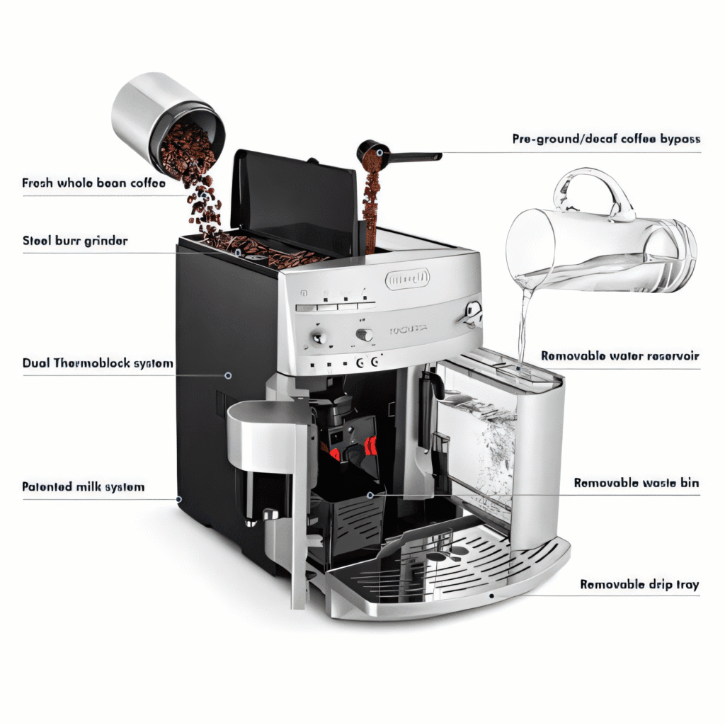 Best Budget Automatic Espresso Makers: Smart Choices for Home Baristas 7 Super automatic espresso machine internal components diagram showing grinder, thermoblock system, milk frother, water reservoir and other key features