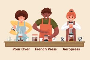 Immersion brewing vs pour over coffee methods: French Press, AeroPress, and drip equipment with coffee grounds