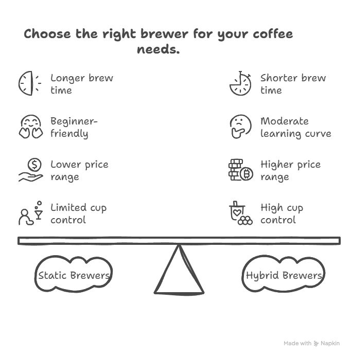 Immersion Coffee Brewing: Techniques, Equipment & Flavor Mastery 26 Static vs hybrid immersion brewers comparison chart: French Press vs AeroPress on brew time, difficulty, price, and final cup control