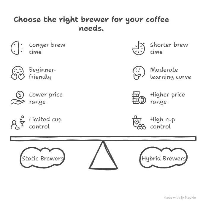 Static vs hybrid immersion brewers comparison chart: French Press vs AeroPress on brew time, difficulty, price, and final cup control