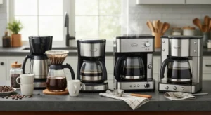 A lineup of stainless steel and black 14-cup coffee makers on a kitchen countertop with coffee cups, coffee beans, and brewing accessories.