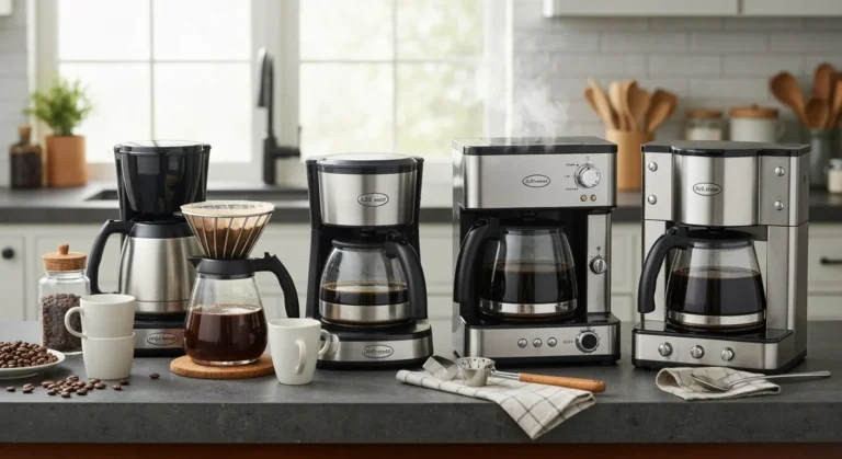 A lineup of stainless steel and black 14-cup coffee makers on a kitchen countertop with coffee cups, coffee beans, and brewing accessories.
