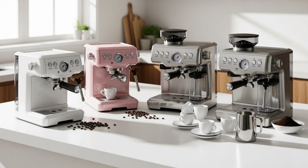 Four beautiful espresso machines in white, pink and stainless steel finishes displayed on kitchen counter with coffee beans and cups