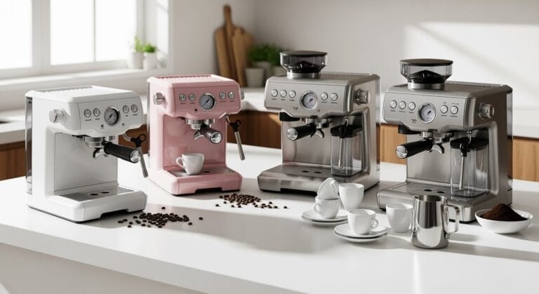 Four beautiful espresso machines in white, pink and stainless steel finishes displayed on kitchen counter with coffee beans and cups