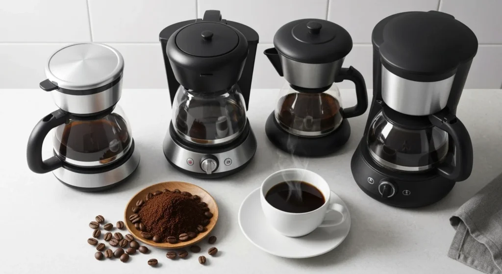 Four 4-cup coffee makers displayed with coffee beans, ground coffee, and a steaming cup of brewed coffee.