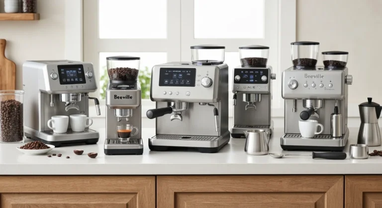 The 10 Best Breville Espresso Machines of 2024 (Expert-Approved Picks) 12 A lineup of Breville espresso machines from 2024, showcasing sleek stainless steel designs with coffee cups, portafilters, and coffee beans on a kitchen countertop.