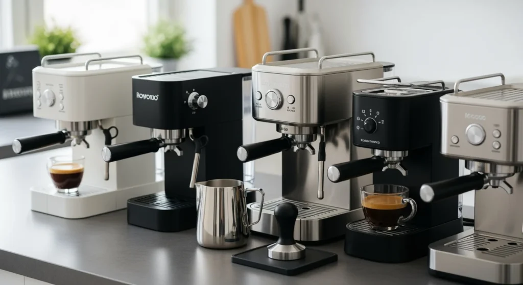 A lineup of modern, compact cappuccino makers in various finishes, arranged on a kitchen counter with a milk frothing pitcher and tamper, showcasing the best barista-approved machines for 2025.