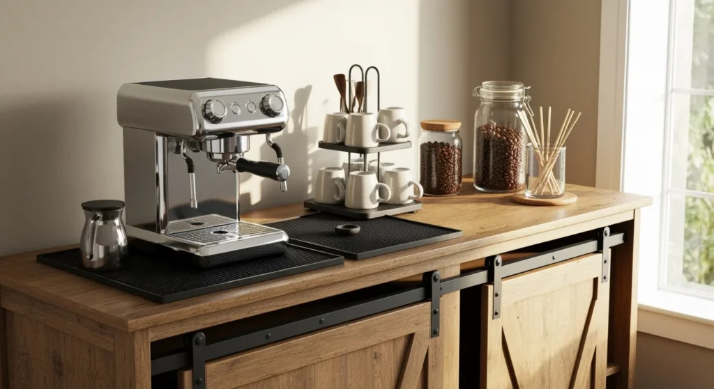 A stylish home coffee bar setup on a rustic wooden cabinet, featuring essential coffee bar equipment like a stainless steel espresso machine, a two-tier cup organizer, a spill-proof mat, and glass jars for coffee beans.