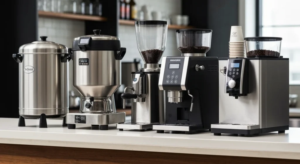 A lineup of the best commercial coffee makers, including stainless steel urns and professional-grade brewers, arranged on a clean countertop to showcase top picks for 2025.