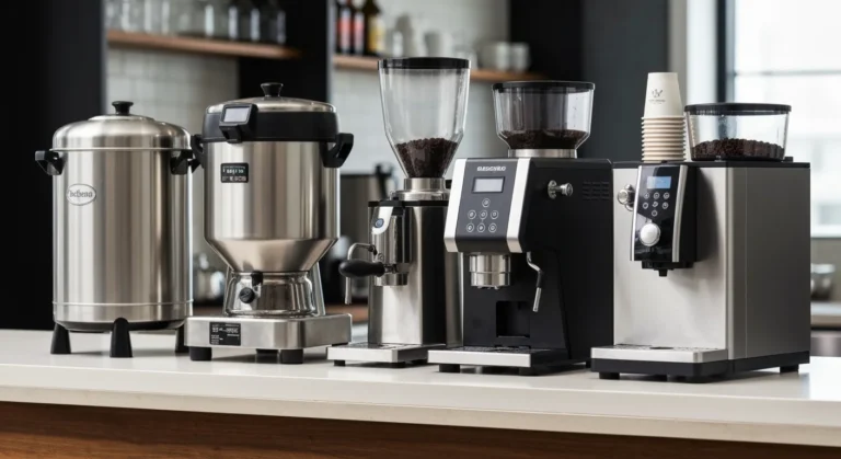 A lineup of the best commercial coffee makers, including stainless steel urns and professional-grade brewers, arranged on a clean countertop to showcase top picks for 2025.