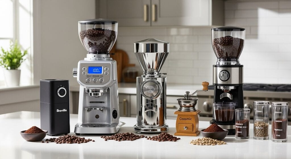 Five best espresso grinders 2024 including Breville electric grinder with LCD display manual ceramic grinder and stainless steel burr grinders on kitchen counter with coffee beans