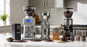 The 5 Best Espresso Grinders of 2024 - Expert Reviews & Top Picks 11 Five best espresso grinders 2024 including Breville electric grinder with LCD display manual ceramic grinder and stainless steel burr grinders on kitchen counter with coffee beans