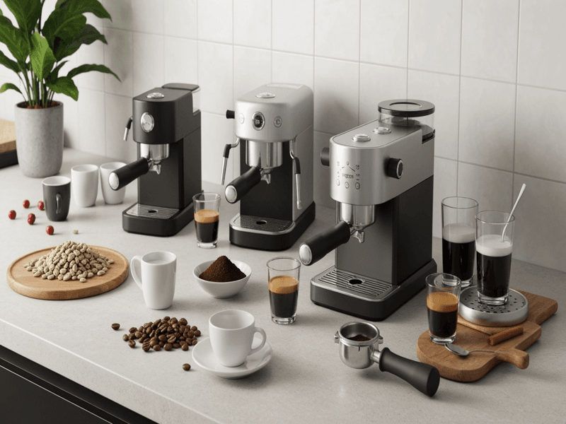 Three modern home coffee espresso machines on a kitchen countertop with fresh green coffee beans, roasted beans, ground coffee, espresso shots, cups, and barista tools, showcasing top espresso machine models of 2025.