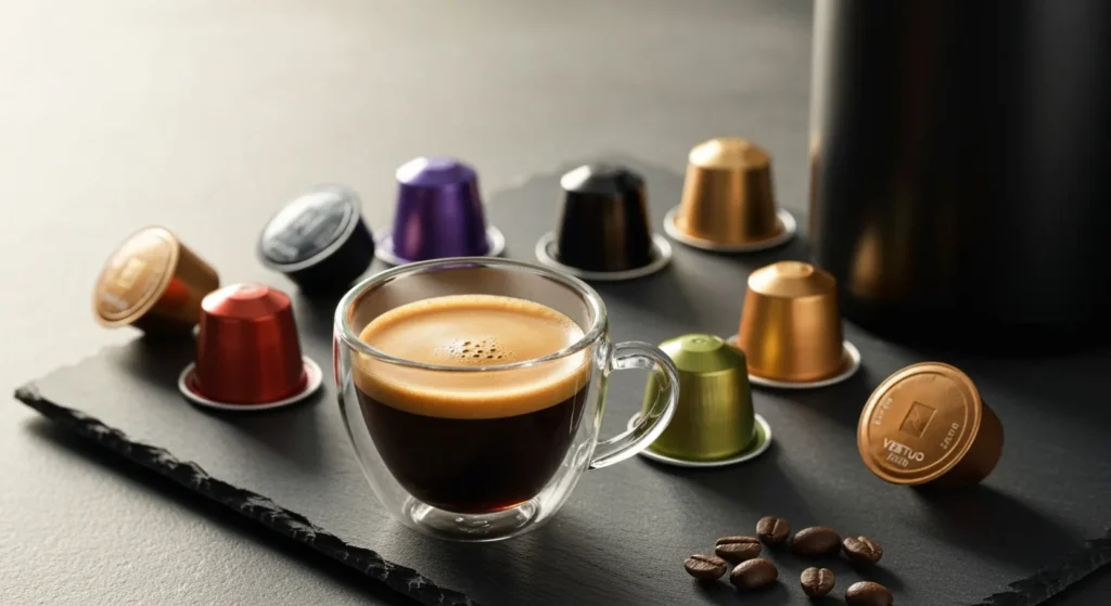A freshly brewed espresso in a clear glass cup, showcasing its rich crema, surrounded by a colorful variety of Nespresso Vertuo pods on a dark slate surface.