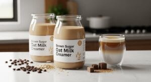 Two brown sugar oat milk creamer jars with layered coffee drink rolled oats coffee beans and brown sugar cubes on white kitchen counter