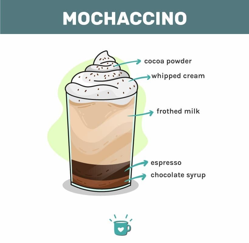 Illustration of a Cafe Mochaccino with layers of chocolate syrup, espresso, frothed milk, whipped cream, and cocoa powder