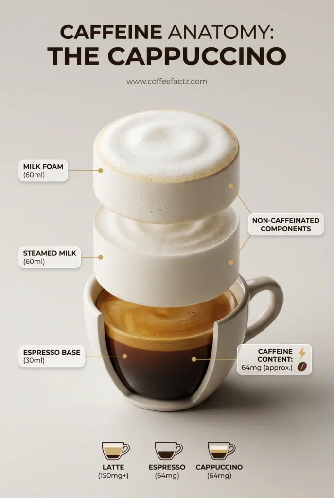 How Much Caffeine Is in a Cappuccino? 6 A professional infographic titled "Caffeine Anatomy: The Cappuccino" showing a deconstructed view of a coffee cup with layers of milk foam, steamed milk, and espresso. It lists the caffeine content as 64mg and compares it to a latte and espresso shot.