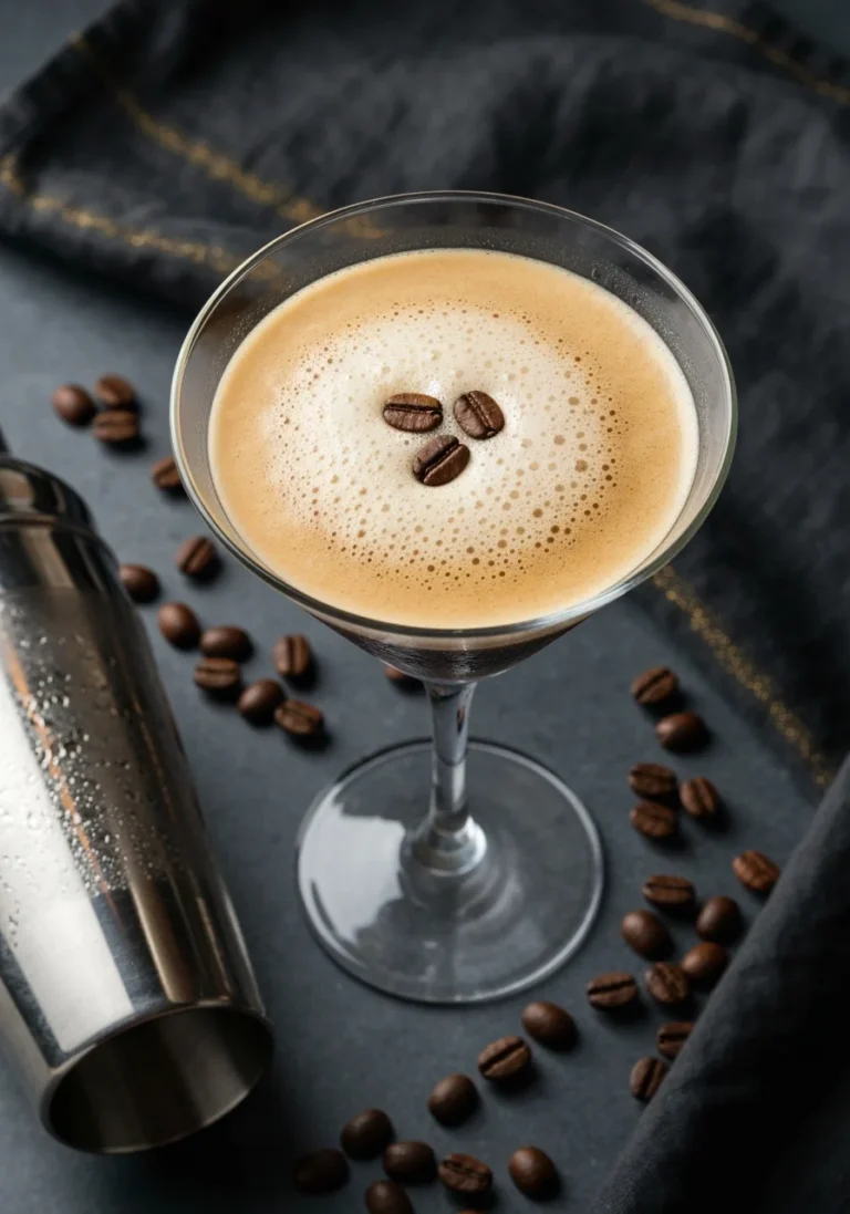 A glass of creamy Espresso Martini, garnished with three coffee beans, illustrating a recipe for coffee lovers.