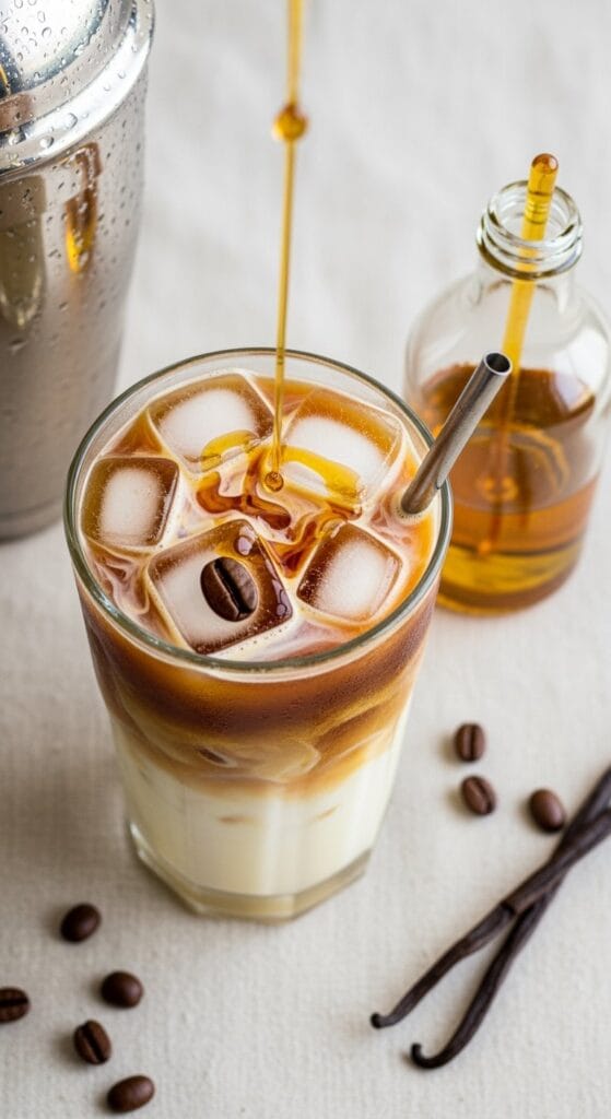 Creamy Starbucks Vanilla Iced Coffee Recipe 4 Creamy vanilla iced coffee with layered milk and coffee being drizzled with vanilla syrup in clear glass with ice cubes coffee beans and vanilla pods