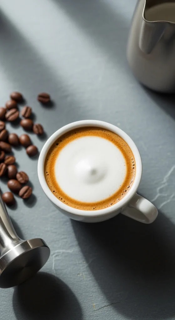 Layered coffee drink with milk and espresso in clear glass with coffee beans and vanilla pods for doppio macchiato recipe inspiration