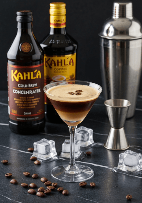 Elegant cold drip coffee cocktail in a martini glass garnished with espresso beans, surrounded by Kahlúa cold brew concentrate, coffee liqueur, ice cubes, a cocktail shaker, and a jigger on a dark marble surface.